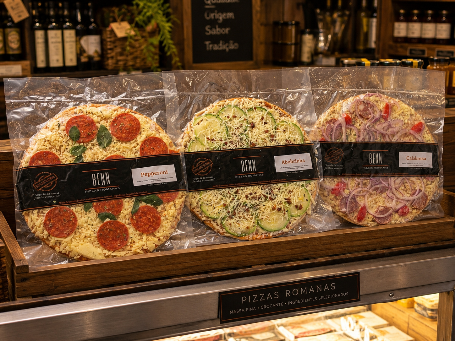 Pizzas Benn embaladas em exposição em empório